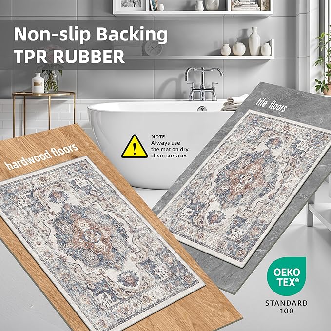 4 Pieces Kitchen Rug Set: Washable Water Resisitant Carpet for Sink Stove Area Soft Floor Mats with Non-Slip Backing for Bathroom Low-Pile Runners for Family with Elderly Dogs(2x3+2x4+2x5+2x6,Brick)