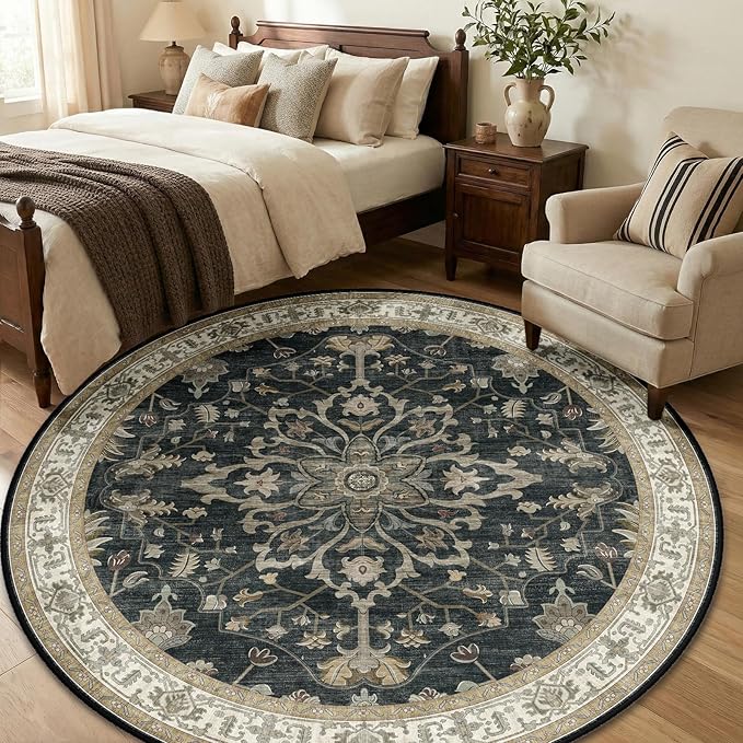RELEANY Area Rugs Round 6ft Washable Non-Slip, Floral Vintage Distress Print Pattern Medallion Carpet for Living Room Bedroom Dining Room, Vintage Black Brown Neutral