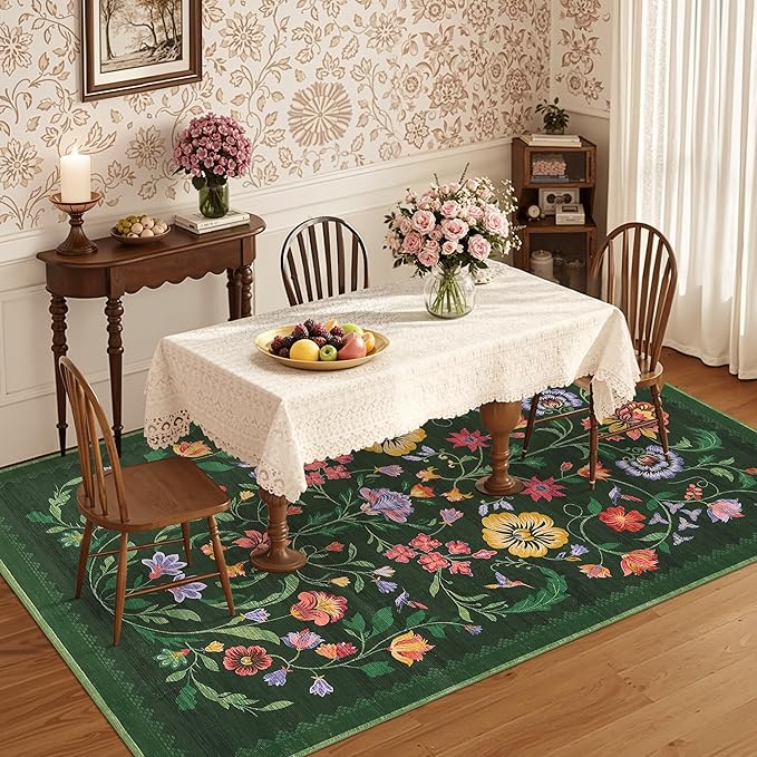 GarveeHome Washable Rug 3x5 Area Rugs for Living Room, Floral Rug for Bedroom, Soft Boho Non Slip Throw Rugs with Rubber Back, Low Pile Stain Resistant Vintage Floral Carpet for Dining Room, Green