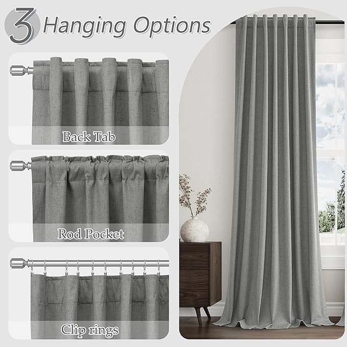 Guken 100% Blackout Linen Curtains 80 Inch Length 2 Panels Set for Living Room Bedroom Back Tab Thermal Insulated Black Out Linen Drapes Room Darkening Window Curtains,Dark Grey