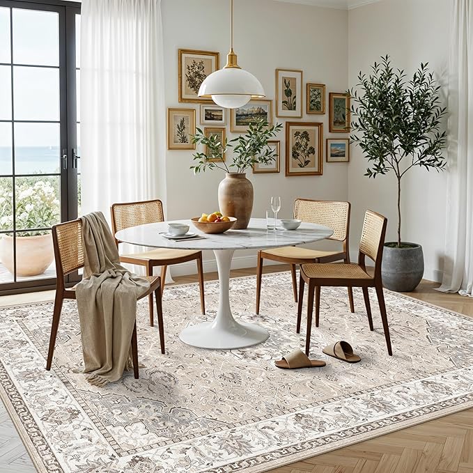 7x10 Area Rug for Living Room: Washable Neutral Vintage Large Rugs for Bedroom, Office, Dining Room, Kids Room, Farmhouse Durable Low Pile Non Slip Carpet for High Traffic Areas(7x10 Beige)