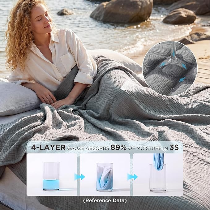 Bedsure 100% Cotton Muslin Blanket King Size for Bed - 4-Layer Breathable and Lightweight Thin Soft Summer Gauze Muslin Blanket for Adults, Grey, 108x90 Inches