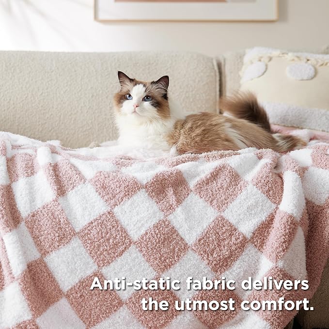Bedsure GentleSoft Pink Checkered Throw Blanket for Couch - Soft Cozy Fluffy Blanket, Lightweight Warm Knit All Season Plaid Blankets for Bed Sofa, Birthday, for Women, 50x60 Inches