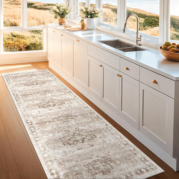 Hazo Haus Beige Washable 2'6"x8' Wide Hallway Runners, Kitchen Runner Rug, Non-Slip & Stain Resistant Long Floor Rug, Neutral Boho Floral Decor (2'6"x8' Beige/Latte)