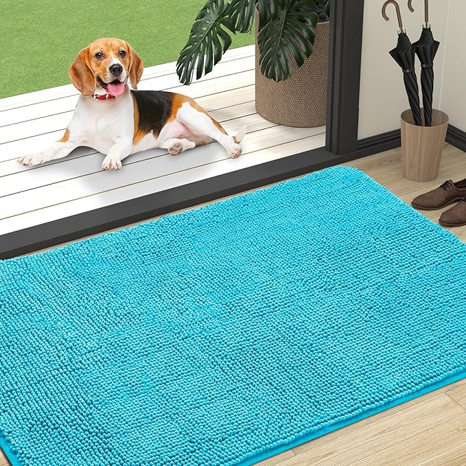 OLANLY Dog Door Mat for Muddy Paws 47x32, Absorbs Moisture and Dirt, Absorbent Non-Slip Washable Doormat, Quick Dry Chenille Mud Mat for Dogs, Entry Indoor Entryway Carpet for Inside Floor, Aqua Blue
