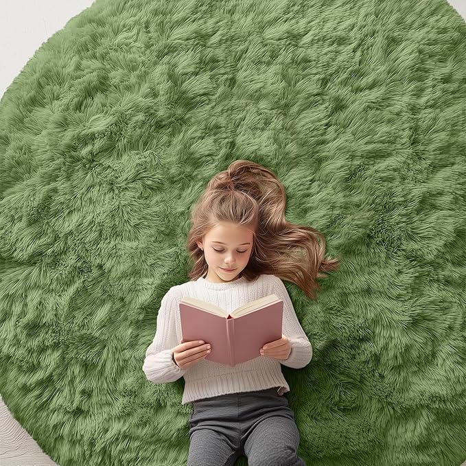 OLANLY Green Round Rugs for Bedroom - Machine Washable, 6 ft Circle Area Rugs for Living Room, Soft and Fluffy Shaggy Carpet for Teen Girl and Boys, Nursery Rooms, Dorms, Home Decor Aesthetic