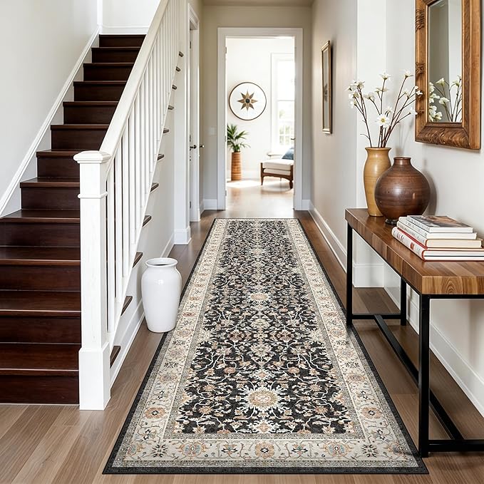 TOPRUUG Washable 2x8 Runner Rug: Vintage Non-Slip Stain Resistant Rug Low Pile Ultra Thin Carpets for Kitchen Hallway Living Room Durable Soft Bedroom Entryway Mat for High Traffic Area (Black, 2x8)