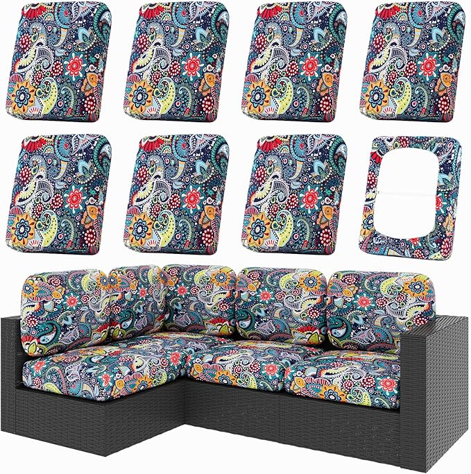 hyha 8Pcs Patio Cushion Covers, Stretch Outdoor Couch Cushion Covers Replacement, Washable Outdoor Chair/Sofa Slipcovers for Patio Furniture Cushions Protector with Elastic Bottom(Paisley,Cover Only)