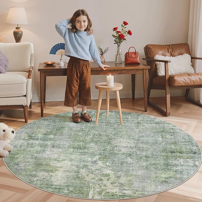 6x6 Green/Ivory Round Rug 6ft Living Room Circle Rug Vintage Round Area Rug Non Slip Indoor Carpet for Dining Room Bedroom