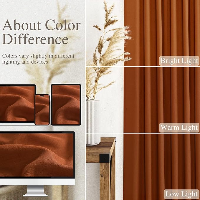 Rust Linen Curtains 108 Inches Long for Living Room Light Filtering Semi Sheer Curtain Back Tab Vintage Rustic Decor Extra Long Floor to Ceiling High Window for Bedroom Office 52x108, 2 Panels