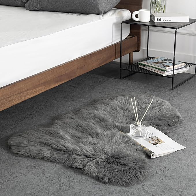 Ashler Faux Fur Rug, Fluffy Shaggy Area Rug Ultra Soft 2 x 3 Feet Sheepskin Fur, Dark Grey Fuzzy Rug Machine Washable Shag Rug, Nursery Decor Throw Rugs for Bedroom, Living Room, Kids Room