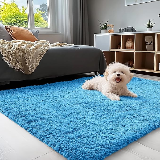 OLANLY 3x5 Machine Washable Small Bedside Rug, Soft Fluffy Shaggy Rugs for Living Room, Bedroom, Indoor Floor Carpet for Kids Girls and Boys, Preppy Dorms, Nursery, Home Decor Aesthetic, Bright Blue