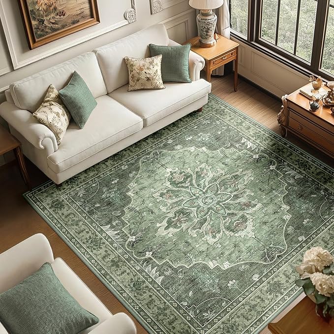 RELEANY Area Rugs Square 6ft Washable Non-Slip, Floral Vintage Distress Print Pattern Medallion Carpet for Living Room Bedroom Dining Room, Dark Green Gray