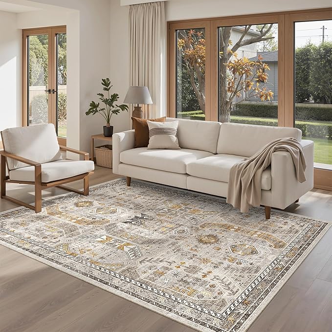 Madane Area Rug 4x6 Washable Rugs: Vintage Living Room Rug Soft Low Pile Non Slip Area Rugs Distressed Indoor Floor Carpet for Bedroom Kitchen Dining Room Home Decor, Brown/Gold