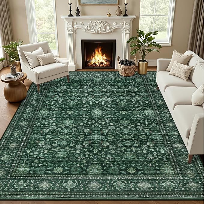 Area Rugs 10x12 Living Room Rug: Washable Rug Soft Vintage Distressed Floral Carpet Indoor Non-Slip Stain Resistant Large Carpets for Bedroom Dining Room Farmhouse Nursery Home Office Deep Green