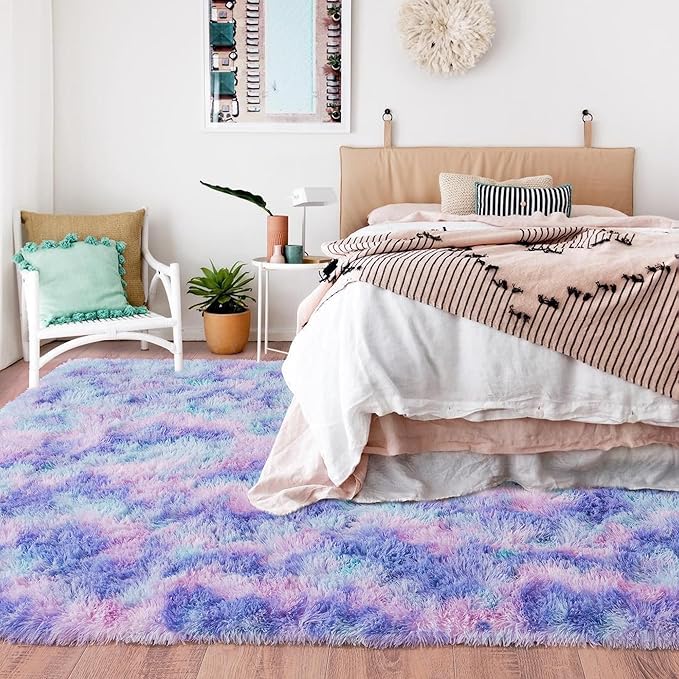 Rugs for Living Room 5x7, Soft Shaggy Modern Shag Area Rug for Bedroom, Upgrade Non-Slip Plush Fluffy Carpet for Kids Boys Girls Room Home Decor Aesthetic, Rainbow Purple