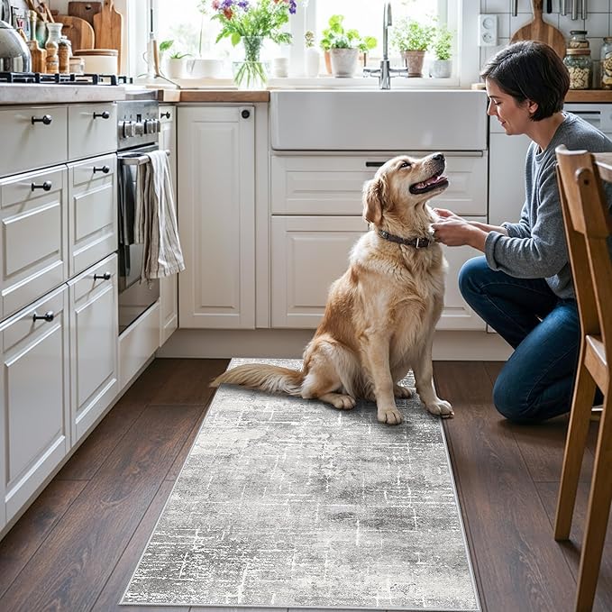 Washable 2x4 Entryway Area Rugs: Non-Slip Abstract Water Resistant Kitchen Rug Durable Doormat Soft Bedroom Carpet Indoor Low Pile Floor Mat for Bathroom Dining Room Hallway Runners(2x4,Light/Grey)