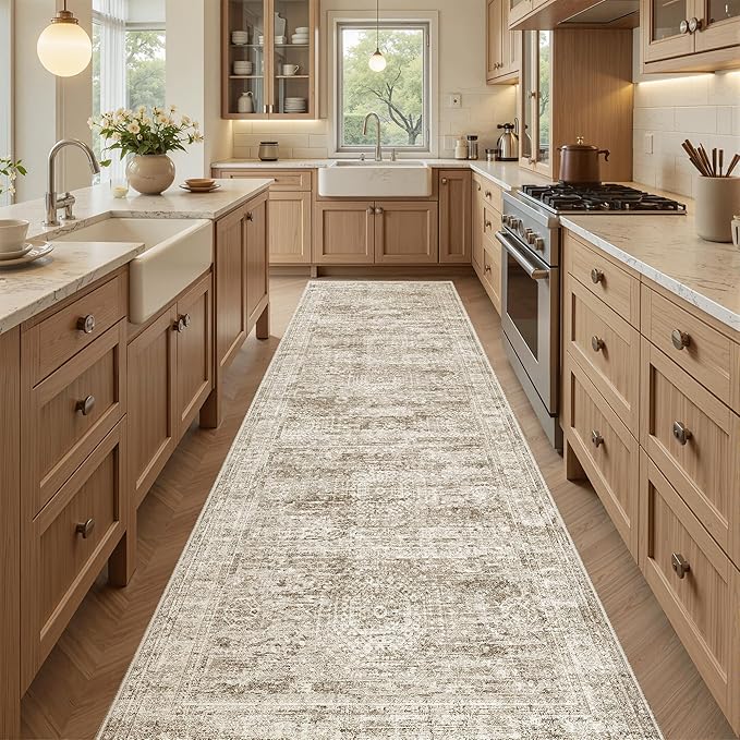 Washable Runner Rug, 2'6" x 8' Non-Slip Kitchen Vintage Foldable Hallway Runners for Entryway, Laundry, Bedroom, Brown