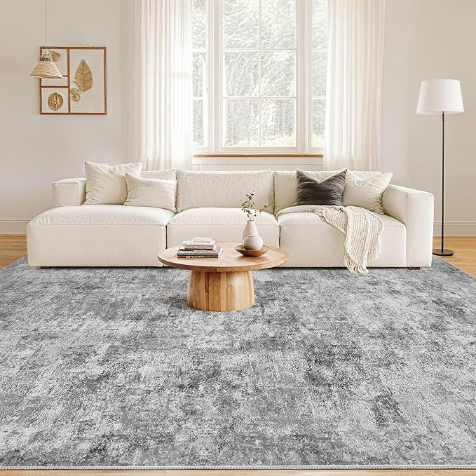 Nakagishi 10x14 Area Rugs Living Room: Washable Abstract Large Neutral Soft Rug Stain Resistant Modern Indoor Floor Non-Slip Carpet for Bedroom Nursery Kids Playroom Office Dining Room Dorm- Grey
