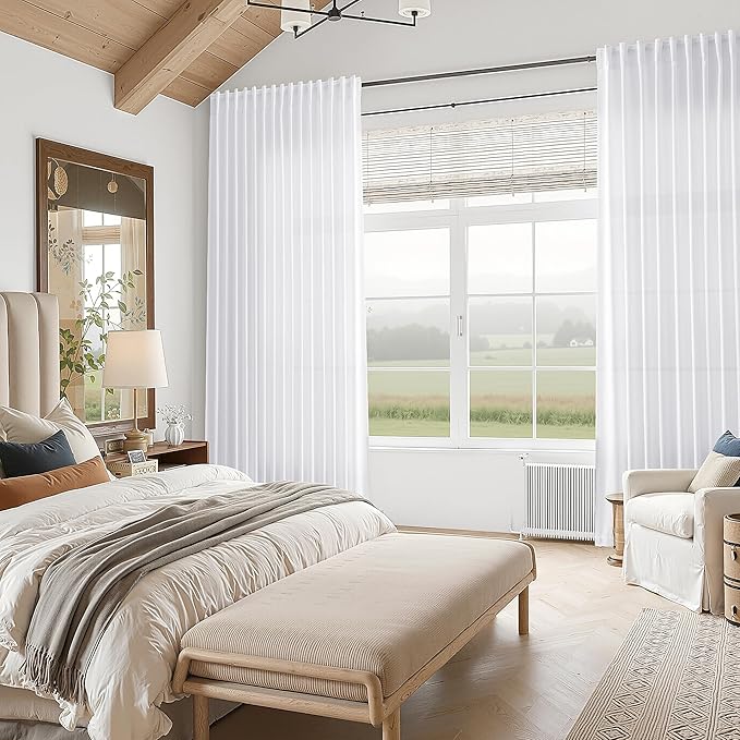 Snow White Linen Curtains 102 Inches Long for Living Room Light Filtering Semi Sheer Curtain Back Tab Luxury Neutral Modern Farmhouse Decor Floor to Ceiling Neutral Drapes for Bedroom 52x102,2 Panels