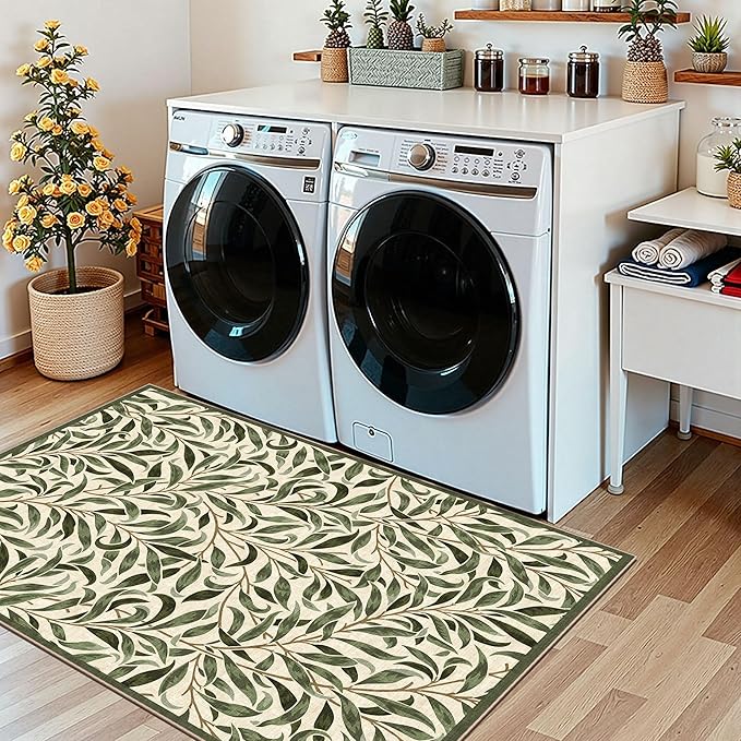Boho Outdoor Rug - 28" x 43" Front Door Mat Indoor Outside Entrance Non-Slip Washable Outdoor Mat Spring Sage Green Leaf Rug for Entryway Kitchen Bedroom Layered Doormat for Front Porch