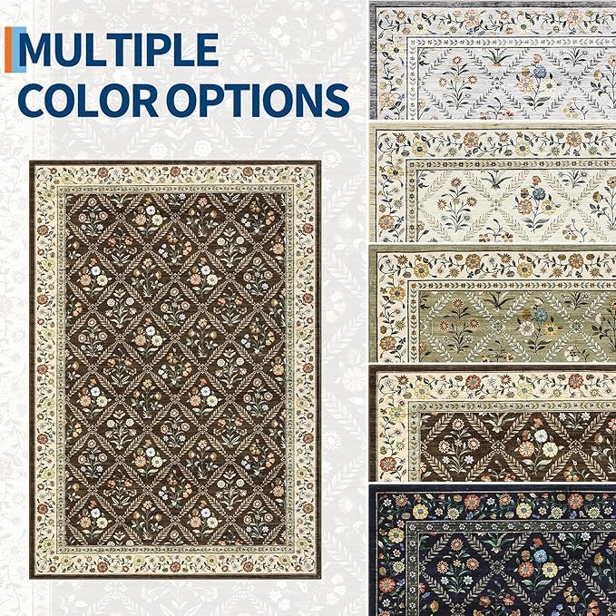 Large Entryway Rug 3x5 Floral Washable Area Rugs Vintage Soft Non-Slip Small Floor Carpet Doormat Stain Resistant Low-Pile Ultra-Thin Entry Mat for Bedside Kitchen Brown