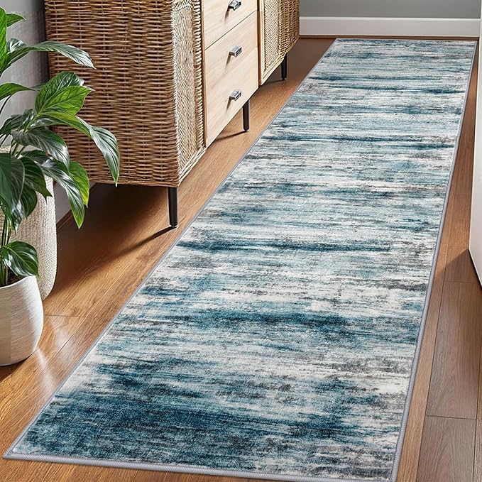 KOZYFLY Modern Abstract Hallway Runner Rug, 2.6x8 Washable Rug Runner Non-Slip Soft Striped Kitchen Runner Rugs, Print Light Blue Carpet Runner for Entryway Bathroom Laundry Room Foyer