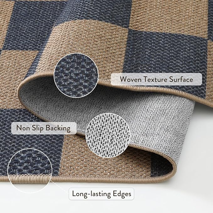 Lahome Colette Checkered Easy Jute Living Room Rugs, 5x7 Dining Room Office Rug Farmhouse Outdoor Patio Carpet, Checkerboard Washable Non Slip Indoor Outdoor Blue Carpet for Backyard Entry Deck