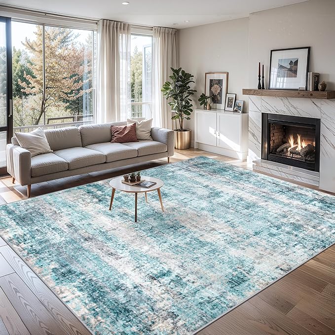 Area Rugs Living Room Rug - 5x7 Washable Modern Abstract Soft Neutral Non-Slip Carpet Large Indoor Floor Thin Carpets for Bedroom Dining Room Farmhouse Nursery Home Office Green