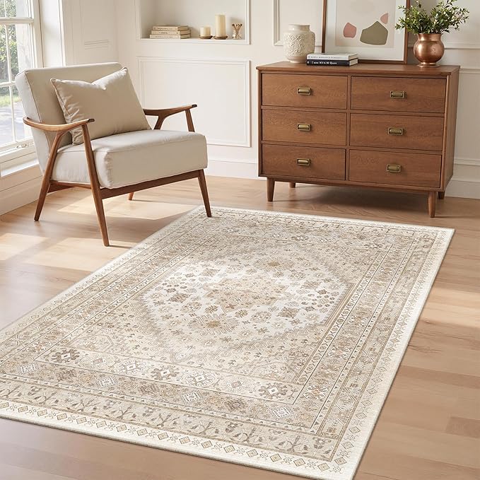 zesthome 3x5 Rug Ultra Soft Washable Rug, Non Slip Area Rug Indoor Entrance, Stain Resistant Rugs for Living Room Bedroom, Vintage Home Decor Area Rugs (Cream/Beige,3'x5')