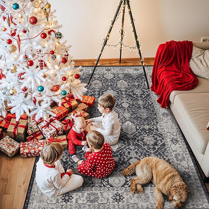 5x7 Living Room Area Rugs: Washable Non-Slip Stain Resistant Rug for Bedroom Dining Room Vintage Ultra Soft Indoor Carpet for Nursery Kitchen Farmhouse Thin Floor Mat for Home Office (5x7 Black)