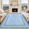 GarveeHome 8x10 Large Washable Area Rug Modern Bordered Distressed Geometric Floor Carpet, Soft Non Slip Low Pile Non Shedding Indoor Light Blue Carpet for Bedroom, Living Room