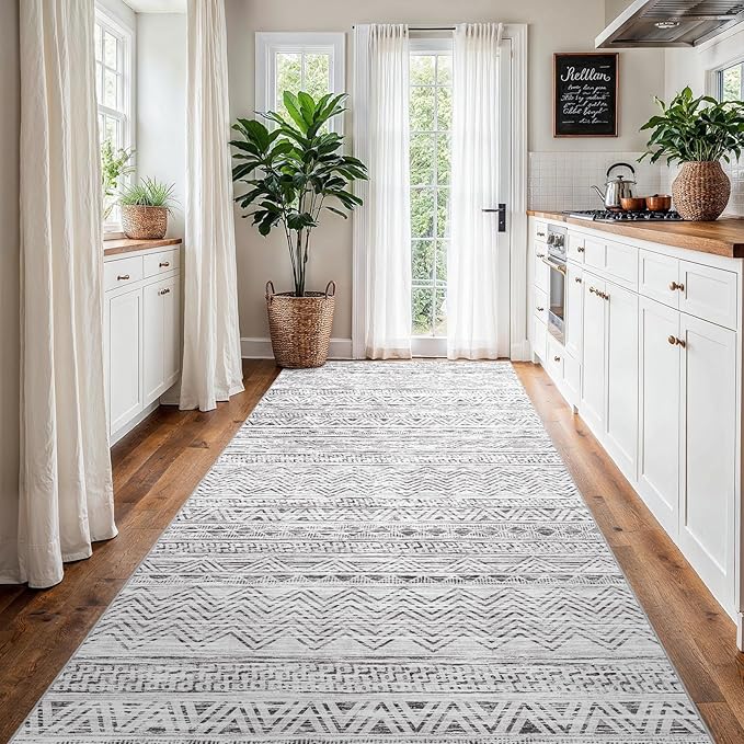 4x8 Washable Hallway Runner Rug：Moroccan Non-Slip Wide Runners for Entryway Kitchen Soft Modern Geometric Low-Pile Rugs for Living Room Thin Waterproof Carpet for Bedroom Bathroom Laundry(Grey,4x8)