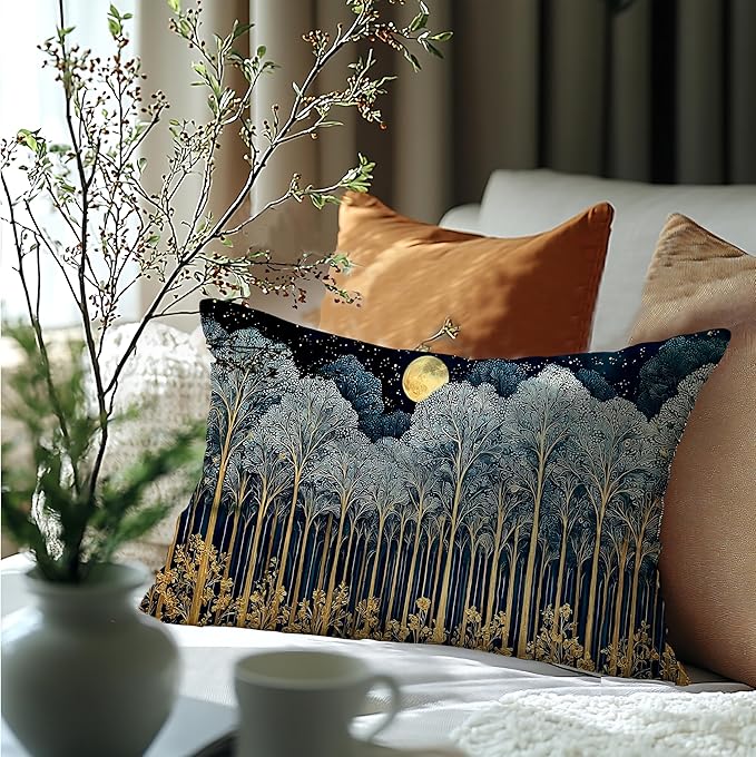 Rustic William Morris Inspired Forest Green Moon Decor Pillow Covers 12x20 Double-Sided,Vintage Night Moon Botanical Nature Landscape Decorative Throw Pillow Covers for Home Bedroom Living Room
