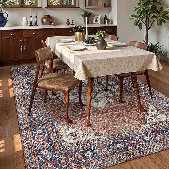 Washable Area Rug 6' x 9' Vintage Traditional Persian Mat - Foldable Distressed Non-Slip Machine Washable Carpet for Living Room Bedroom Kitchen Home Decor - Terracotta and Navy