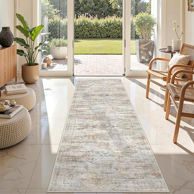 Rug Runners for Hallways Non Slip - 2x8 Runner Rug for Bedroom, Washable Runner with Rubber Backing, Soft Low-Pile Carpet for Kitchen, Laundry, Bathroom (2'x8', Grey/Rust)