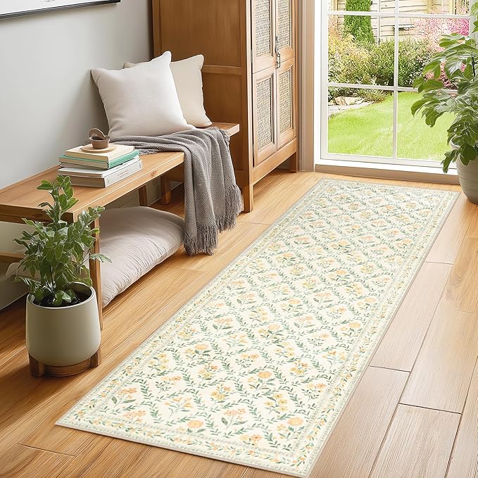 Runner Rug for Entryway: 2.6x8 Kitchen Rugs Non Slip Washable Ultra-Thin Soft Floral Carpet Indoor Floor Stain Resistant Carpets for Hallway Bedroom Kitchen Laundry Bathroom Dorm Beige/Multi