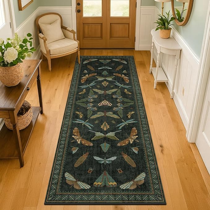 Hazo Haus Washable Insect 2x6 Runner Rug for Hallway- Stain Resistant Kitchen Runners, Floral Whimsical Indoor Floor Mat for Bathroom, Soft Non Slip with Rubber Backed, Dark Green