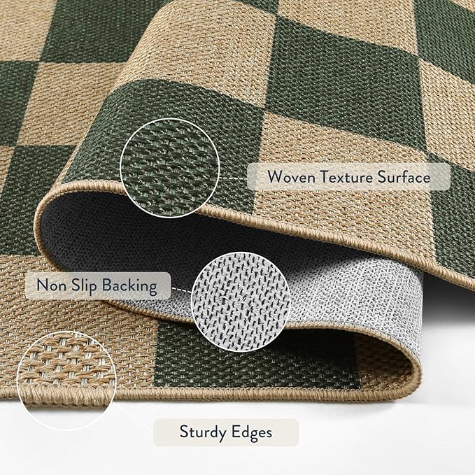 Lahome Colette Checkered Outdoor Runner Rug, 2x8 Green Kitchen Runner Rugs for Non Skid Washable Entryway Carpet, Checkerboard Non Slip Non Shedding Carpet for Bedroom