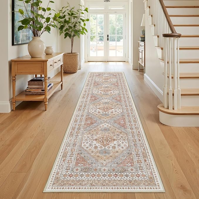 Runner Rug 2x8 Runners for Hallways Non Slip Washable, Vintage Hallway Runner Rugs for Living Room, Low Pile Soft Hallway Rug for Kitchen Bedroom Laundry Room Rug(Orange,2'x8')