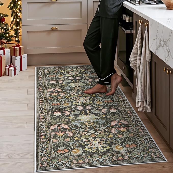 3x6 Washable Hallway Area Rugs: Vintage Floral Entryway Kitchen Runner Rug Ultra Soft Anti-Slip Beside Carpet Indoor Farmhouse Floor Mat for Bathroom Living Room Bedroom Durable Doormat(3x6,Green)