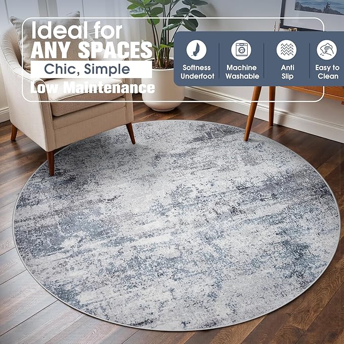 Round Rug 5ft Circle Rug Washable: Carpet Small Circular Area Rug for Entryway Kitchen Bedroom Dining Room Living Room 5 Feet Abstract College Dorm Non Slip Low Pile Blue Grey