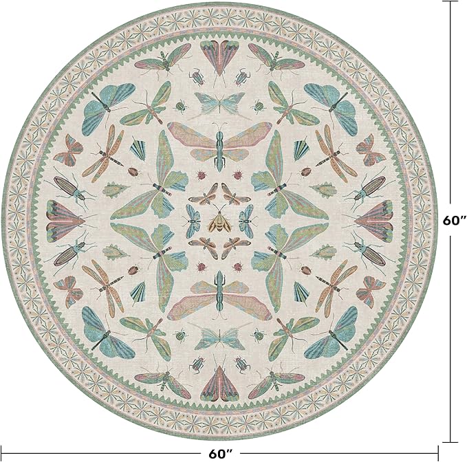Insect Light Green 5ft Round Area Rug for Living Room - Washable Floral Fun Kids Rugs for Bedroom, Playroom, Boho & Butterfly Design - Low Pile Soft Circle Carpet