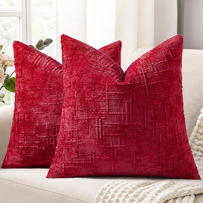 decorUhome Red Chenille Throw Pillow Covers 18x18 Set of 2 Textured Soft Cozy Slubby Couch Pillow Covers Modern Farmhouse Boho Decorative Pillow Cases for Bed Sofa Living Room