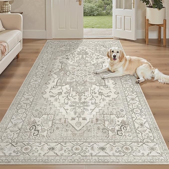 Madane Hallway Runner Rug 4x8 Wide: Washable Thin Runners for Hallways Entry, Non Slip Soft Vintage Kitchen Rugs Low Pile Carpet Runners for Living Room Bedroom Dining Room Foyer (Beige/Brown, 4x8)