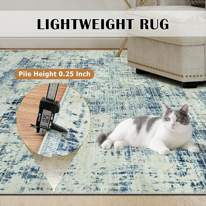 9x12 Area Rugs for Living Room Washable Rug: Anti-Skid Abstract Modern Living Room Rug Soft Thin Carpets Indoor Floor Non-Shedding Carpet for Bedroom Dining Farmhouse Nursery Blue Gray Gold