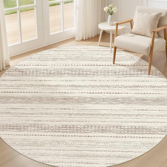 Nakagishi Round Rug Boho Area Rugs: 5x5 Washable Large Circle Neutral Soft Stain Resistant Non-Slip Carpet for Women Aged 25-45 Farmhouse Decor Enthusiasts - Living Room Bedroom Dining Room Nursery