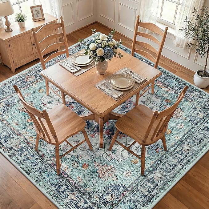 Area Rugs Square 8ft Washable Non-Slip, Floral Vintage Distress Print Pattern Medallion Carpet for Living Room Bedroom Dining Room, Green Navy Blue White Red Teal Colorful