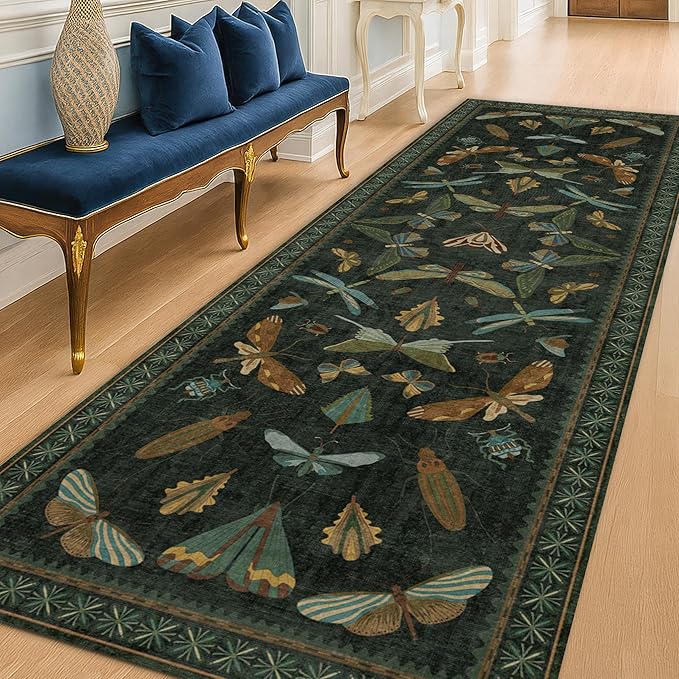 Hazo Haus 8 ft Long Hallway Runner Rug - Boho Green Rug for Kitchen Floor, Entrance Indoor, Washable Wide Runner Non Slip, Dark Green 2'6''x8'