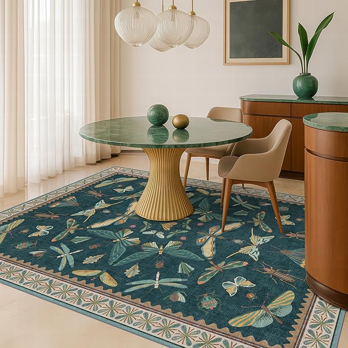 Hazo Haus Insect Blue Green Living Room Rug 5x8 - Washable Area Rug for Bedroom, Dining Room, Kids Playroom, Home Office, Boho Butterfly Non Slip Stan Resistant